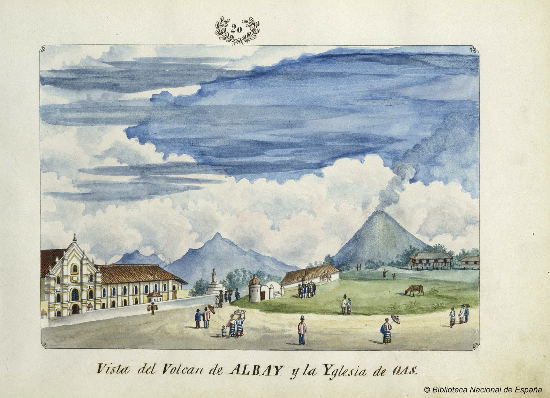 Vista del volcán de Albay y de la iglesia de Oas, J. Honorato Lozano, 1847